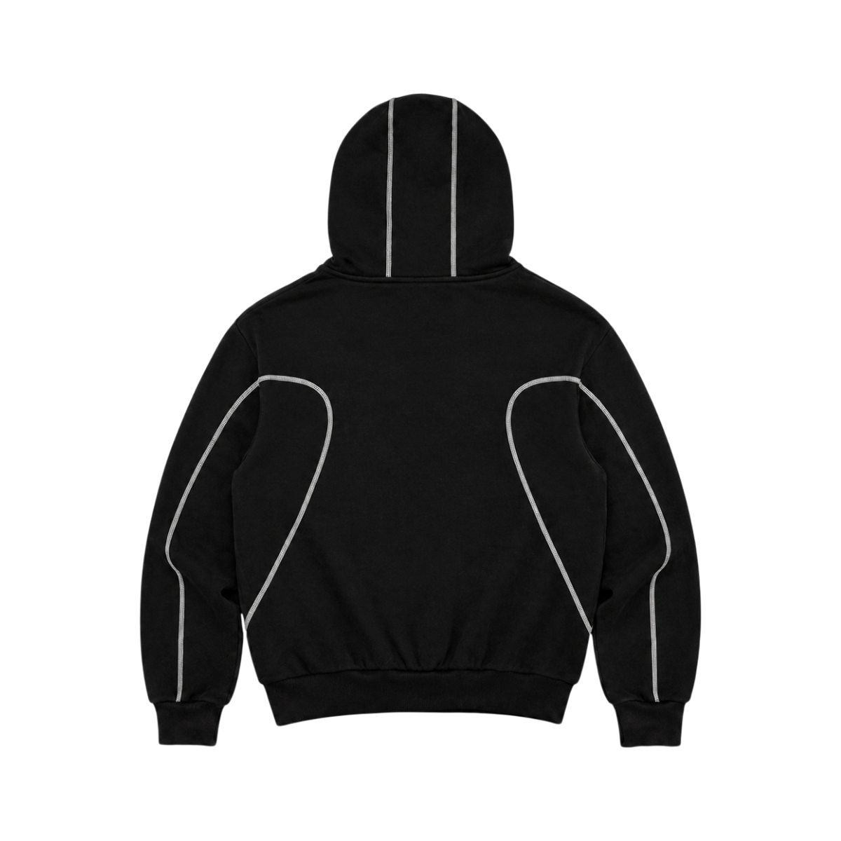 CROOKSLDN Black Convict Hoodie, back view — 550gsm brushed fleece hoodie with white contrast piping curving over the hood, shoulders and sleeves.