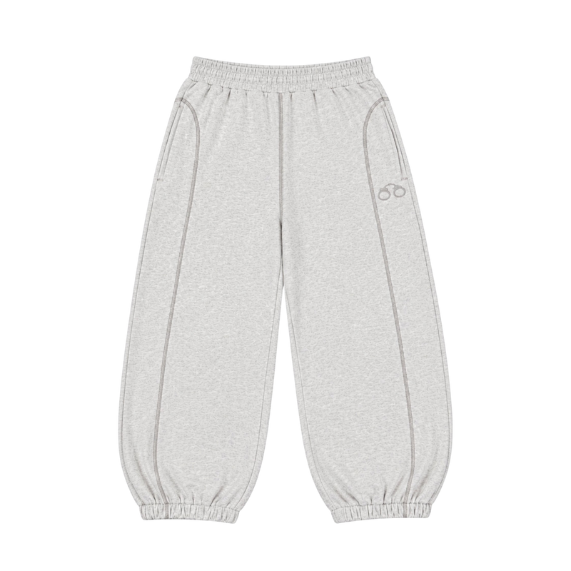 CROOKSLDN Grey Convict Sweats, front view — baggy 550gsm brushed fleece joggers in heather grey with tonal piping, drawstring waist, elasticated cuffs and a small handcuff logo.