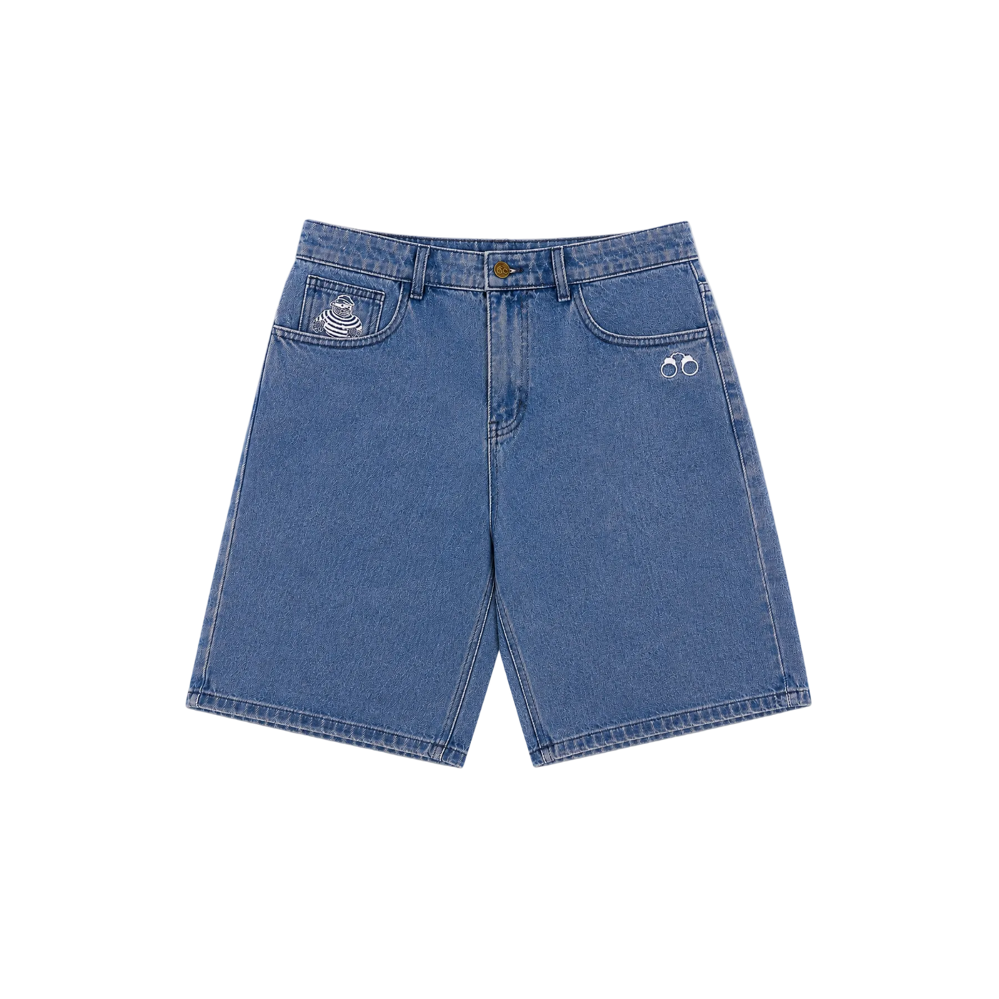 CROOKSLDN Blue Wash Yard Jorts, front view — mid-blue 14oz denim shorts finishing below the knee, with embroidered handcuff and fingerprint details on the front pockets.
