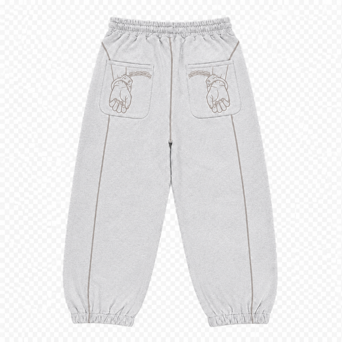 CROOKSLDN Grey Set — grey Convict sweats from the back, with handcuffed-hands embroidery across both back pockets.