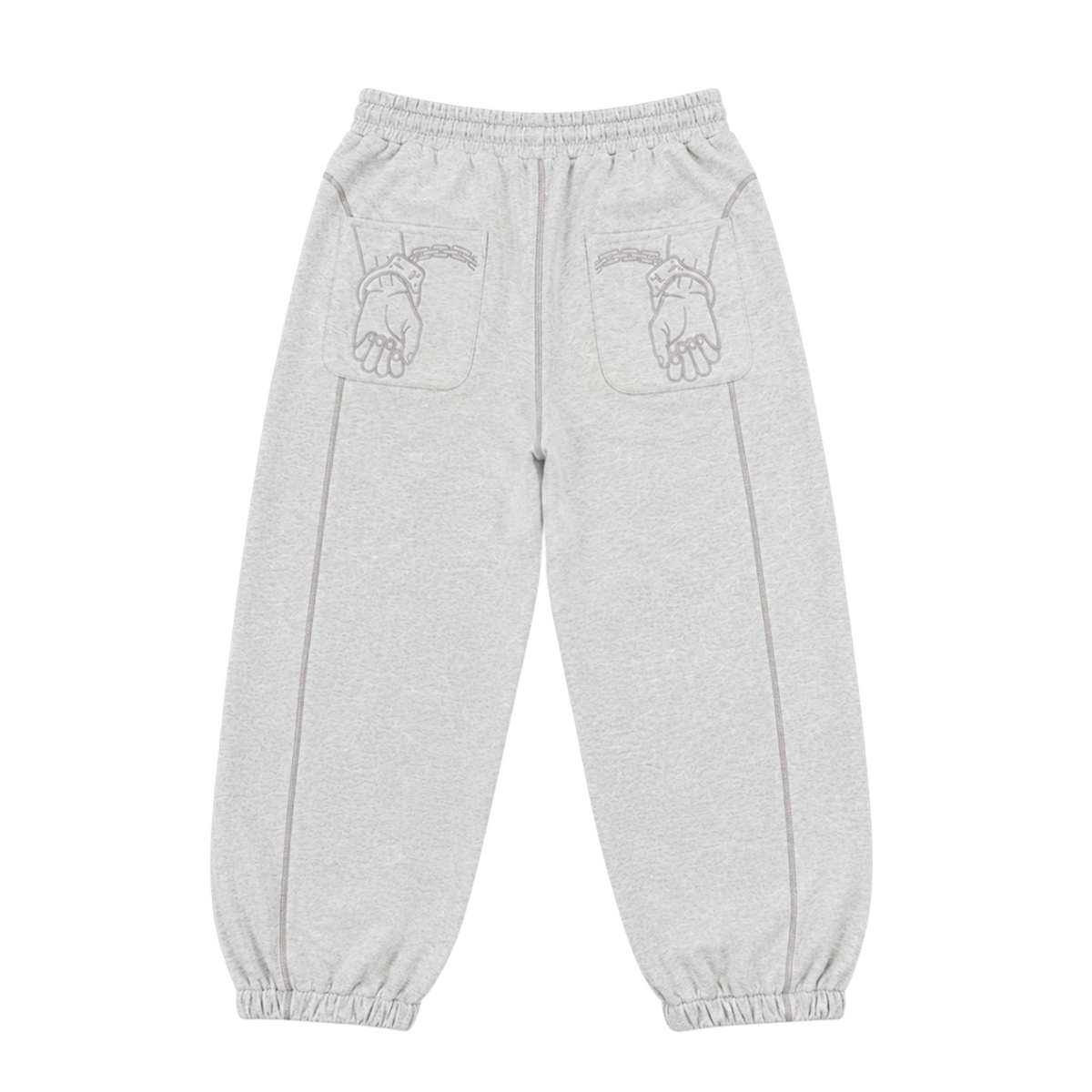CROOKSLDN Grey Convict Sweats, back view — tonal handcuffed-hands embroidery across both back pockets with piping running down each leg.