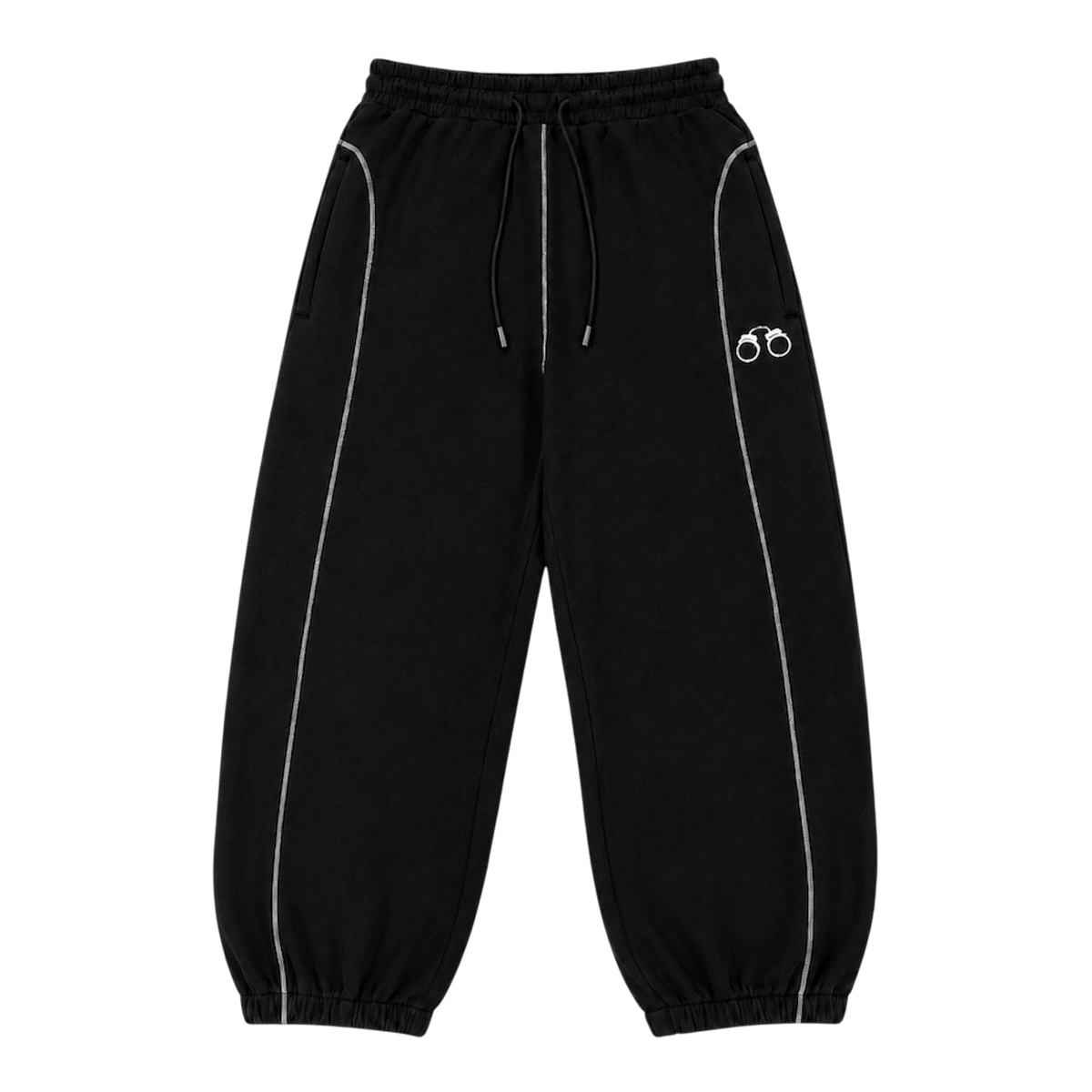 CROOKSLDN Black Convict Sweats, front view — baggy 550gsm brushed fleece joggers with white contrast piping, drawstring waist, elasticated cuffs and a small white handcuff logo.