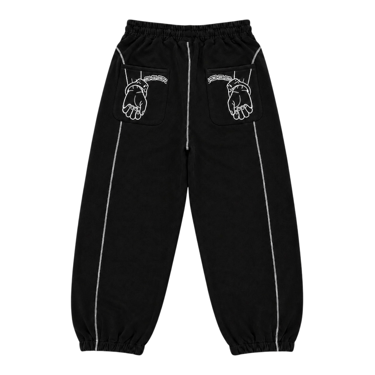 CROOKSLDN Black Set — black Convict sweats from the back, with white handcuffed-hands embroidery across both back pockets.