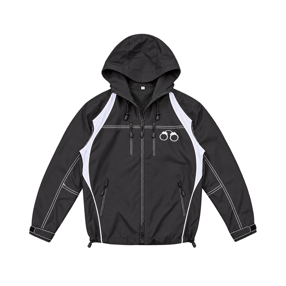 CROOKSLDN HydroCuff black windbreaker, front view with white side panels and handcuff chest embroidery