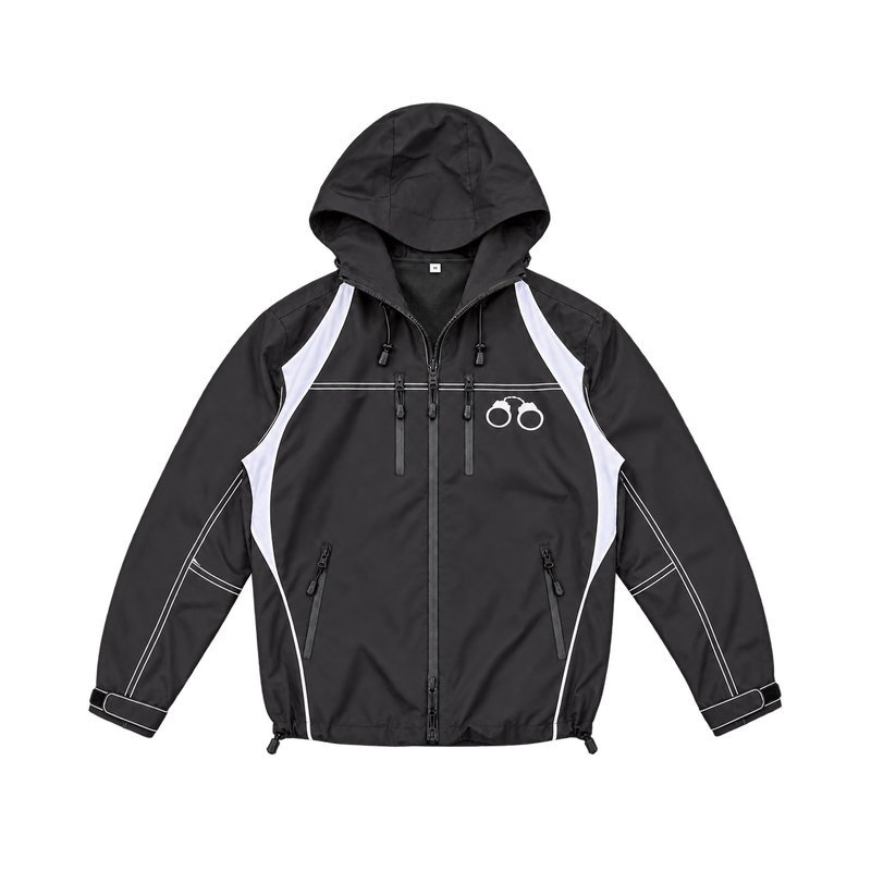 CROOKSLDN HydroCuff black windbreaker, front view with white side panels and handcuff chest embroidery