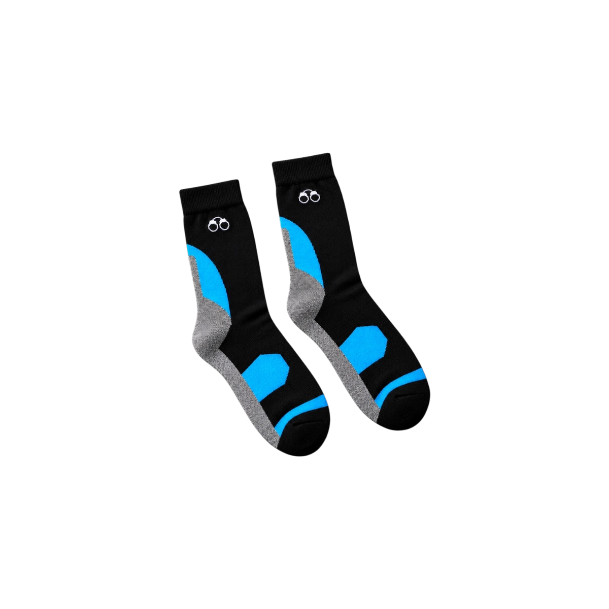 Pair of black/blue MotionTec socks with grey heel and toe