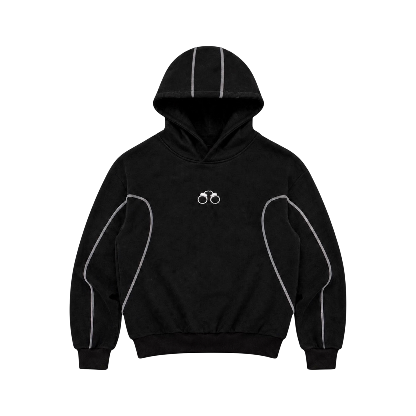 CROOKSLDN black baggy hoodie in 550gsm brushed fleece with white piping details and handcuff logo on the chest.