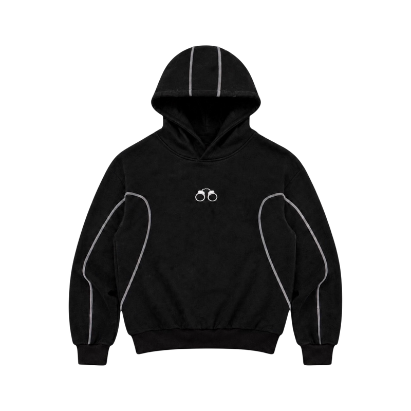 CROOKSLDN black baggy hoodie in 550gsm brushed fleece with white piping details and handcuff logo on the chest.