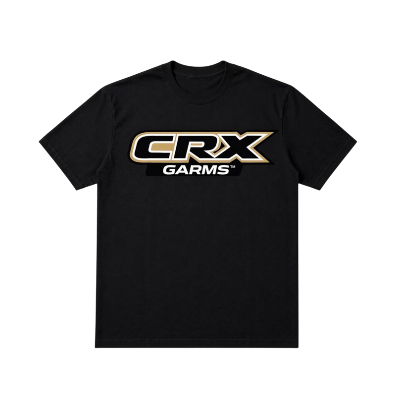 CROOKSLDN black premium cotton t-shirt featuring a bold CRX GARMS logo graphic on the chest.