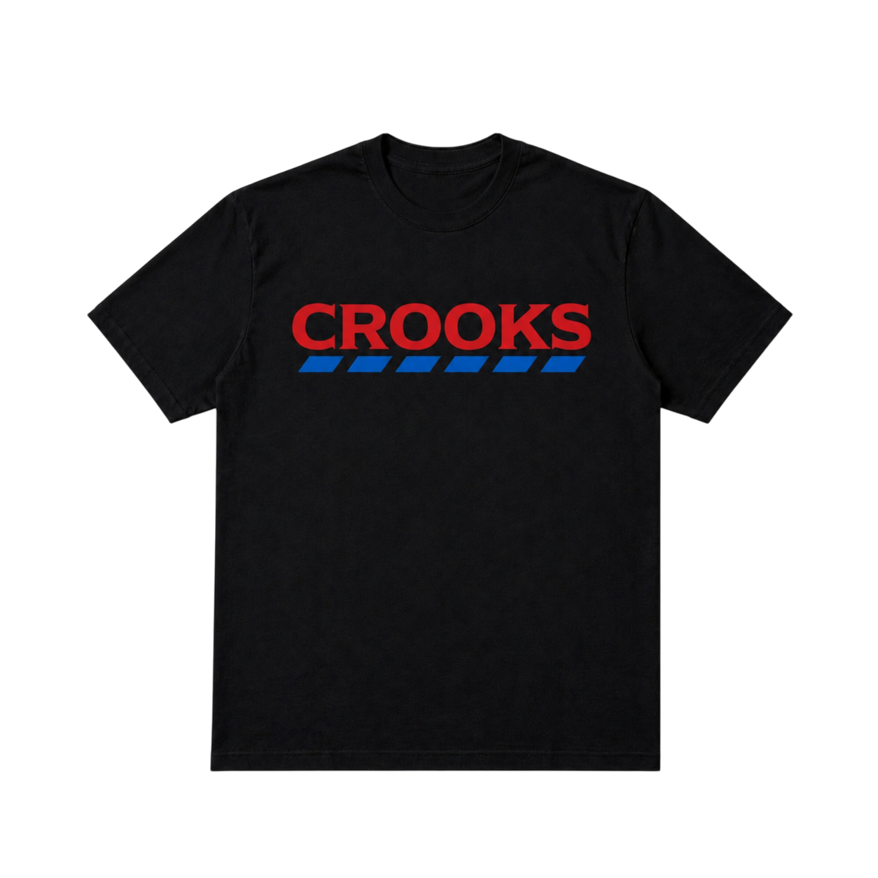 CROOKSLDN black cotton t-shirt featuring a red CROOKS logo with a blue dashed line graphic on the chest