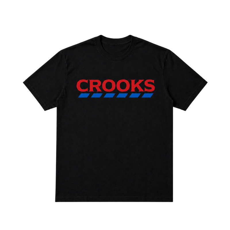 CROOKSLDN black cotton t-shirt featuring a red CROOKS logo with a blue dashed line graphic on the chest