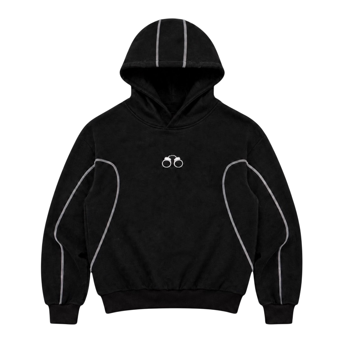 CROOKSLDN black hoodie featuring white contrast piping detail and a small handcuff logo on the chest