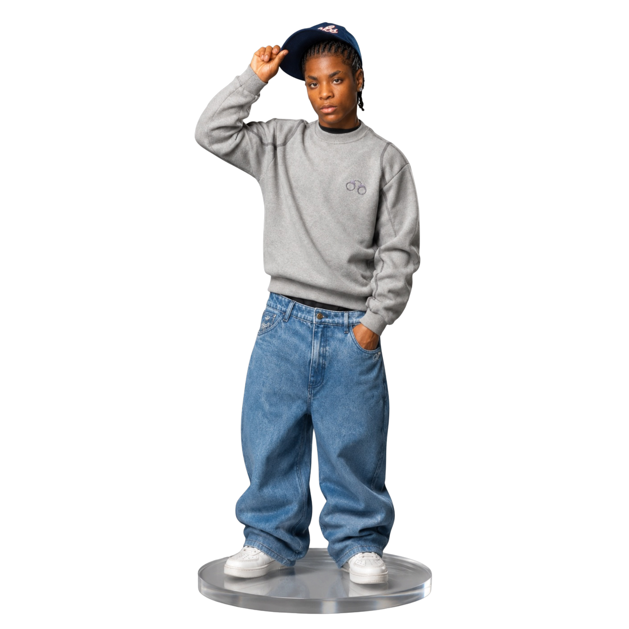 CROOKSLDN model wearing blue wash baggy OG jeans and a grey sweatshirt against a black background