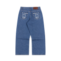 CROOKSLDN blue wash heavyweight denim jeans with baggy fit and white handcuff embroidery on back pockets