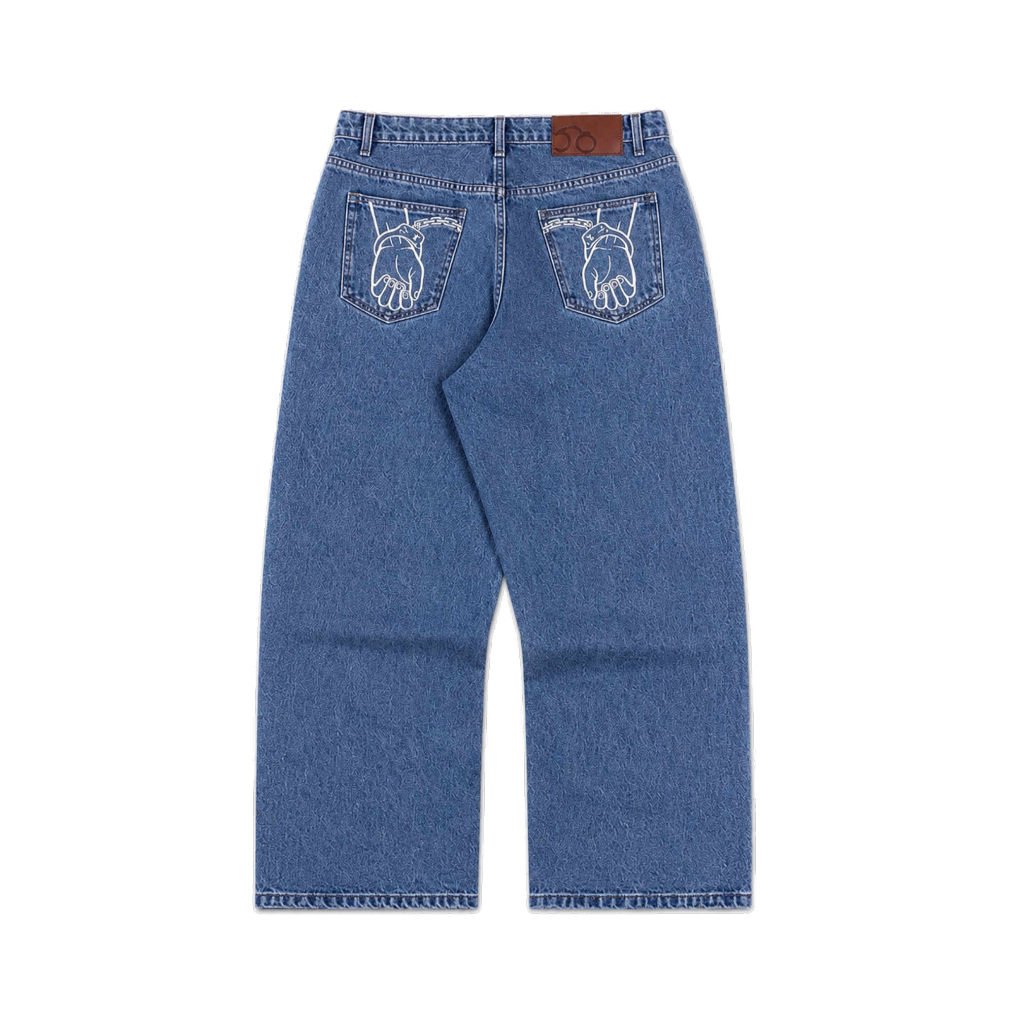 CROOKSLDN blue wash heavyweight denim jeans with baggy fit and white handcuff embroidery on back pockets
