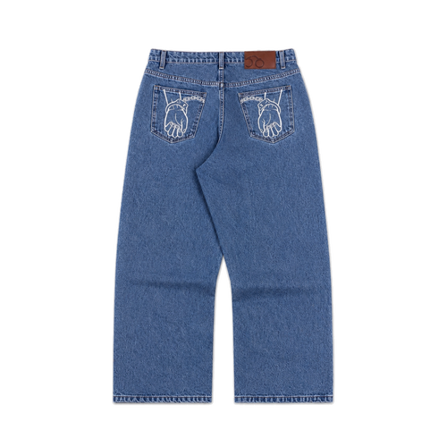 CROOKSLDN blue wash heavyweight denim jeans with baggy fit and white handcuff embroidery on back pockets