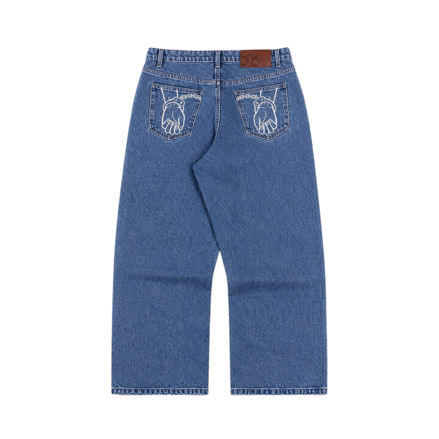 CROOKSLDN blue wash 14oz denim jeans with straight cut, mid rise, and white embroidered hand graphic on back pockets.