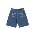 CROOKSLDN blue wash denim jorts with baggy fit and white embroidered handcuff artwork on back pockets