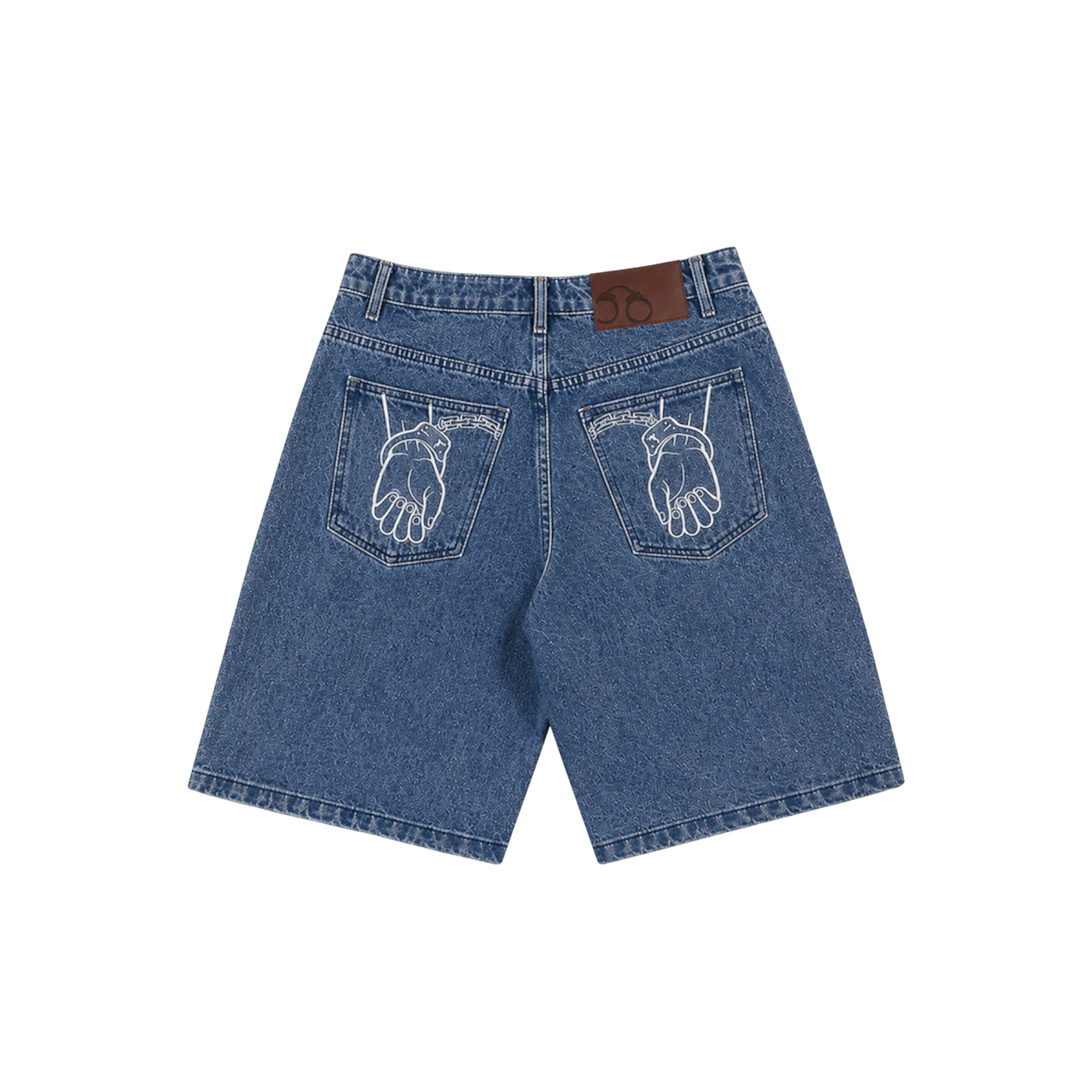 CROOKSLDN blue wash denim jorts with baggy fit and white embroidered handcuff artwork on back pockets