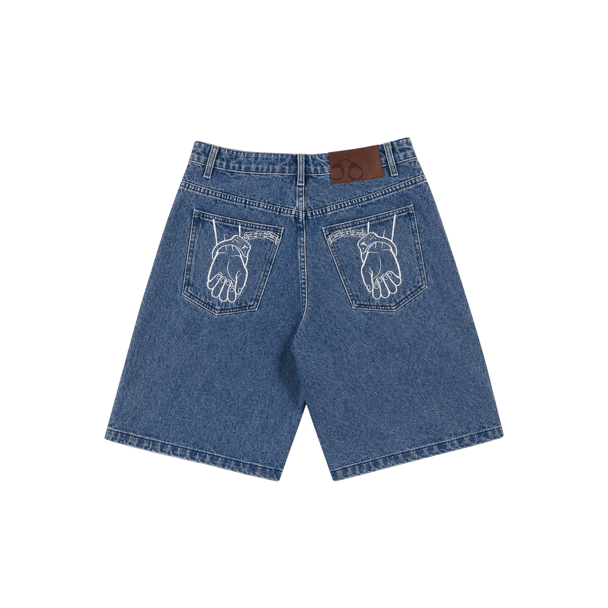 CROOKSLDN blue wash denim jorts with baggy fit and white embroidered handcuff artwork on back pockets