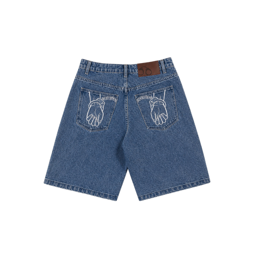 CROOKSLDN blue wash denim jorts with baggy fit and white embroidered handcuff artwork on back pockets