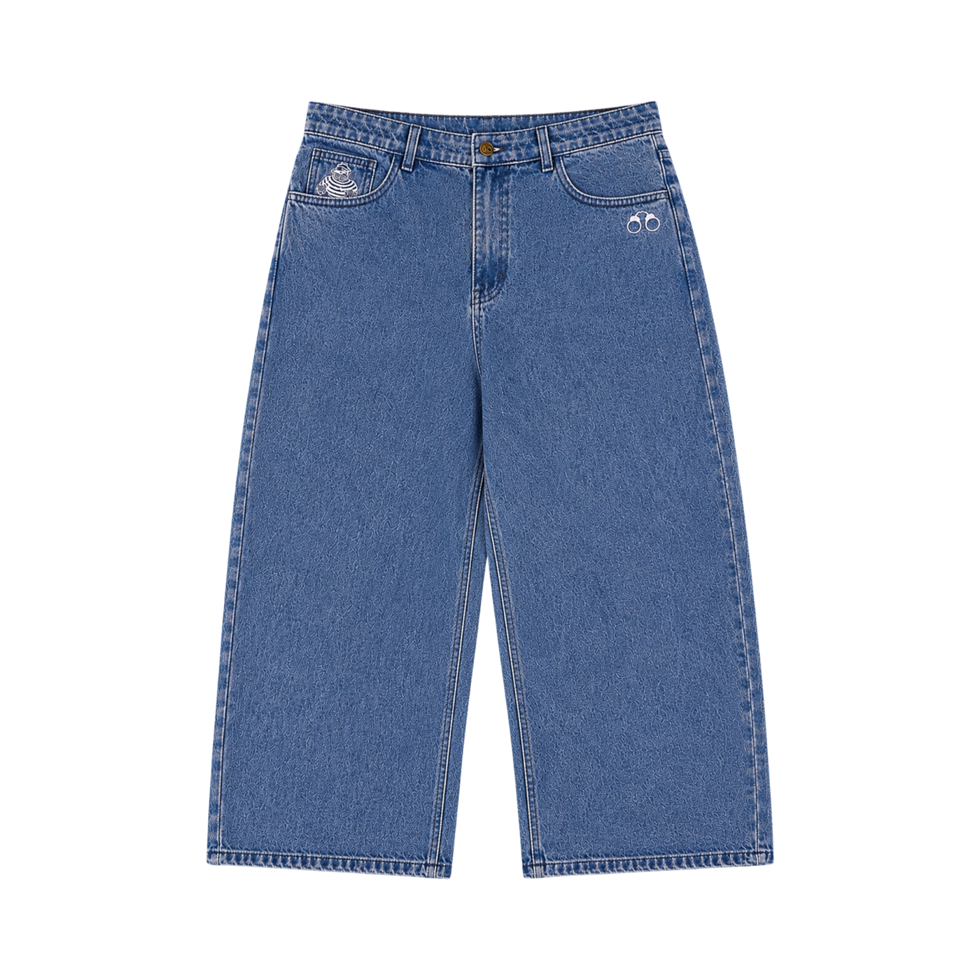 CROOKSLDN blue wash 14oz denim jeans in a straight cut with mid-rise fit and embroidered pocket details