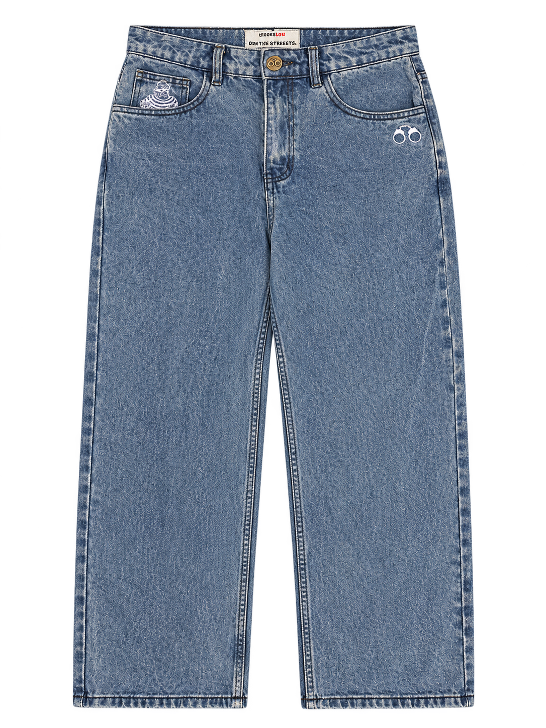 CROOKSLDN Blue Wash Yard Jeans — complete front flat lay with white coin-pocket embroidery and handcuff emblem.