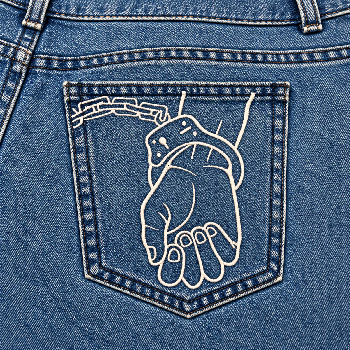 CROOKSLDN Blue Wash Yard Jeans — cuffed-hands rear pocket embroidery, photographed close with denim filling the frame.