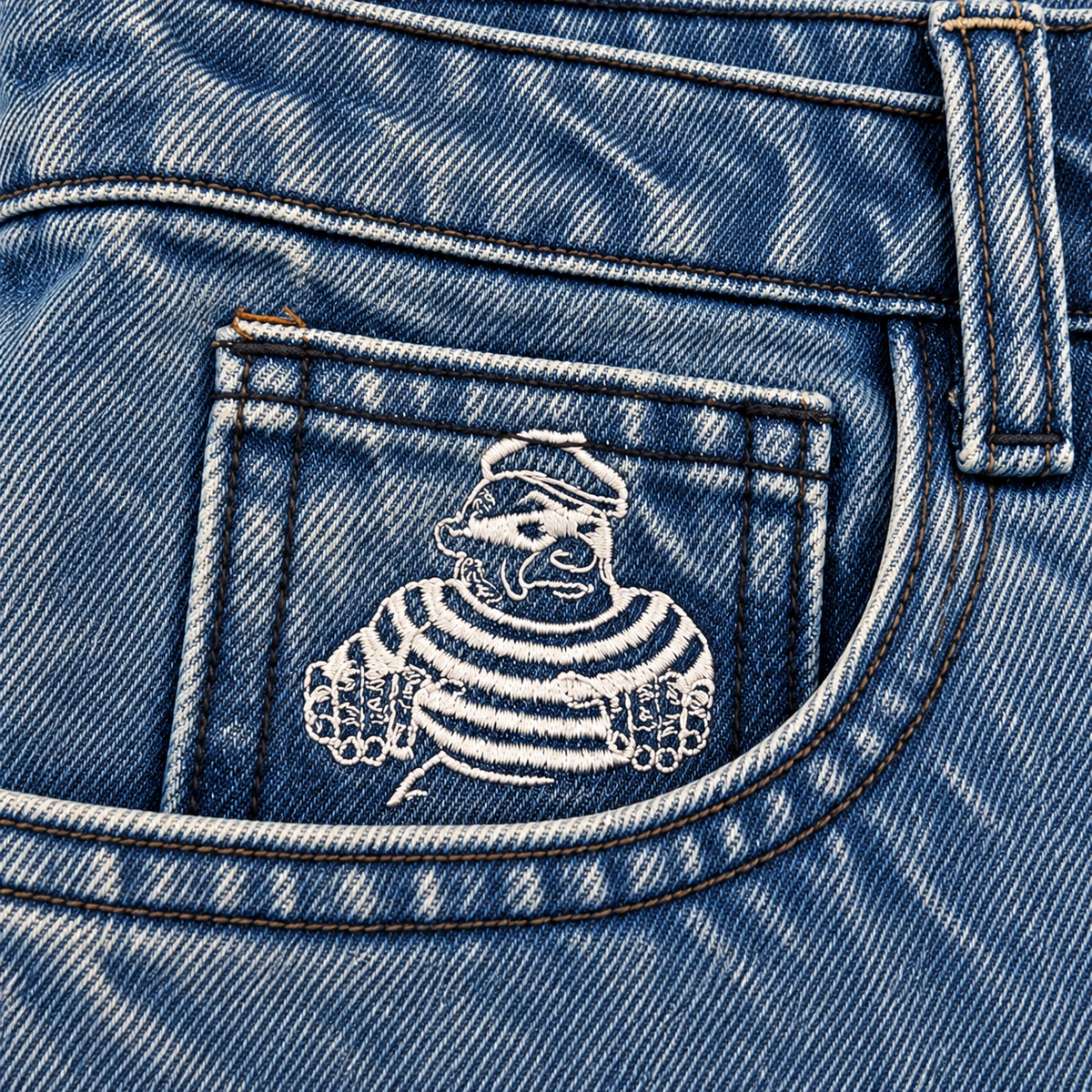 CROOKSLDN Blue Wash Yard Jeans — Clive coin pocket embroidery with surrounding front pocket, waistband and denim.