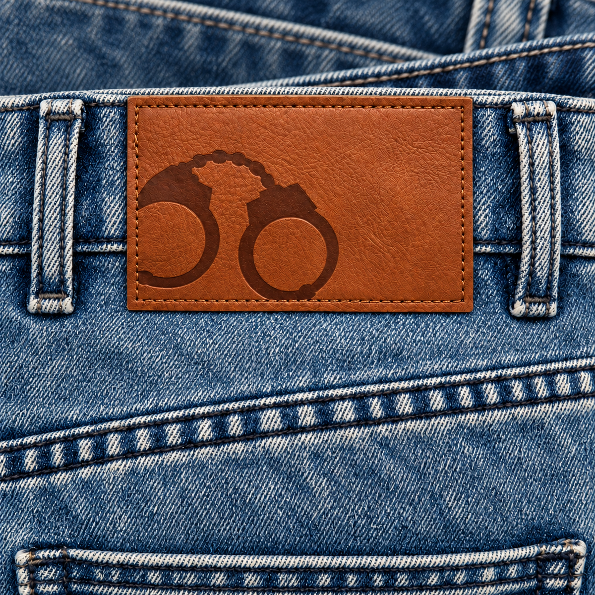 CROOKSLDN Blue Wash Yard Jeans — leather handcuff patch with waistband, belt loops and rear pocket context.