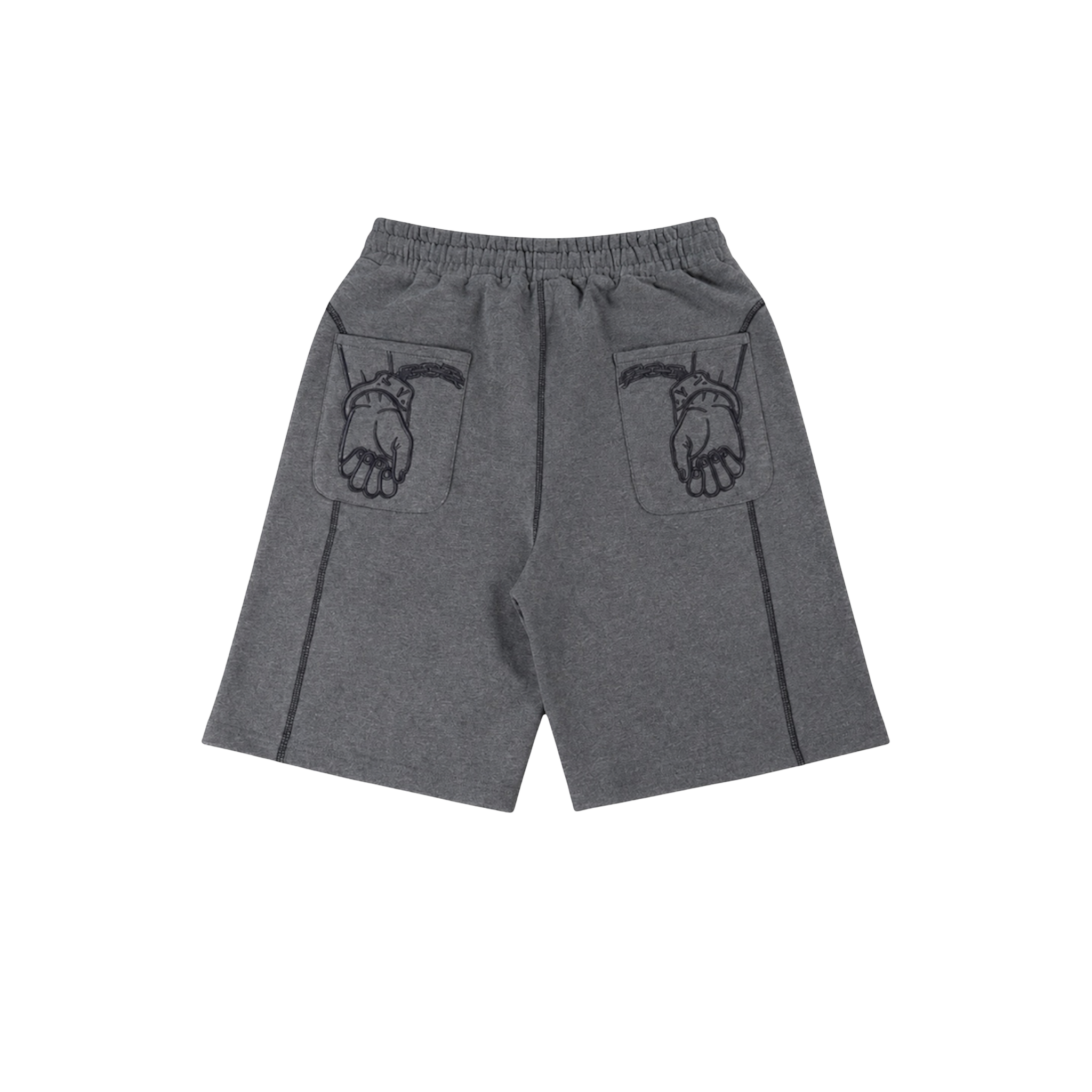CROOKSLDN charcoal heavyweight cotton shorts with 3D embroidered handcuff detail on back pockets