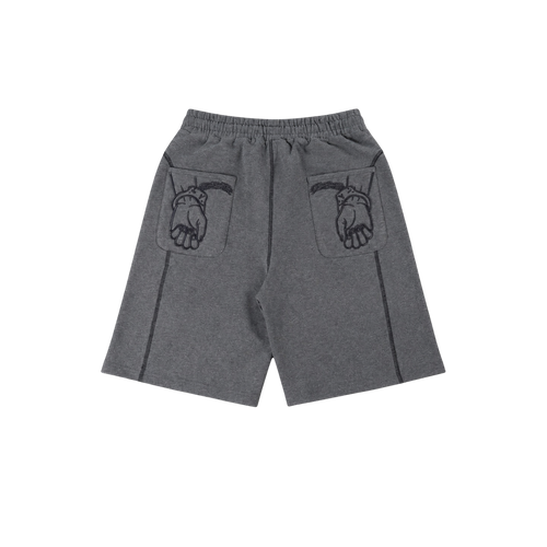 CROOKSLDN charcoal heavyweight cotton shorts with 3D embroidered handcuff detail on back pockets