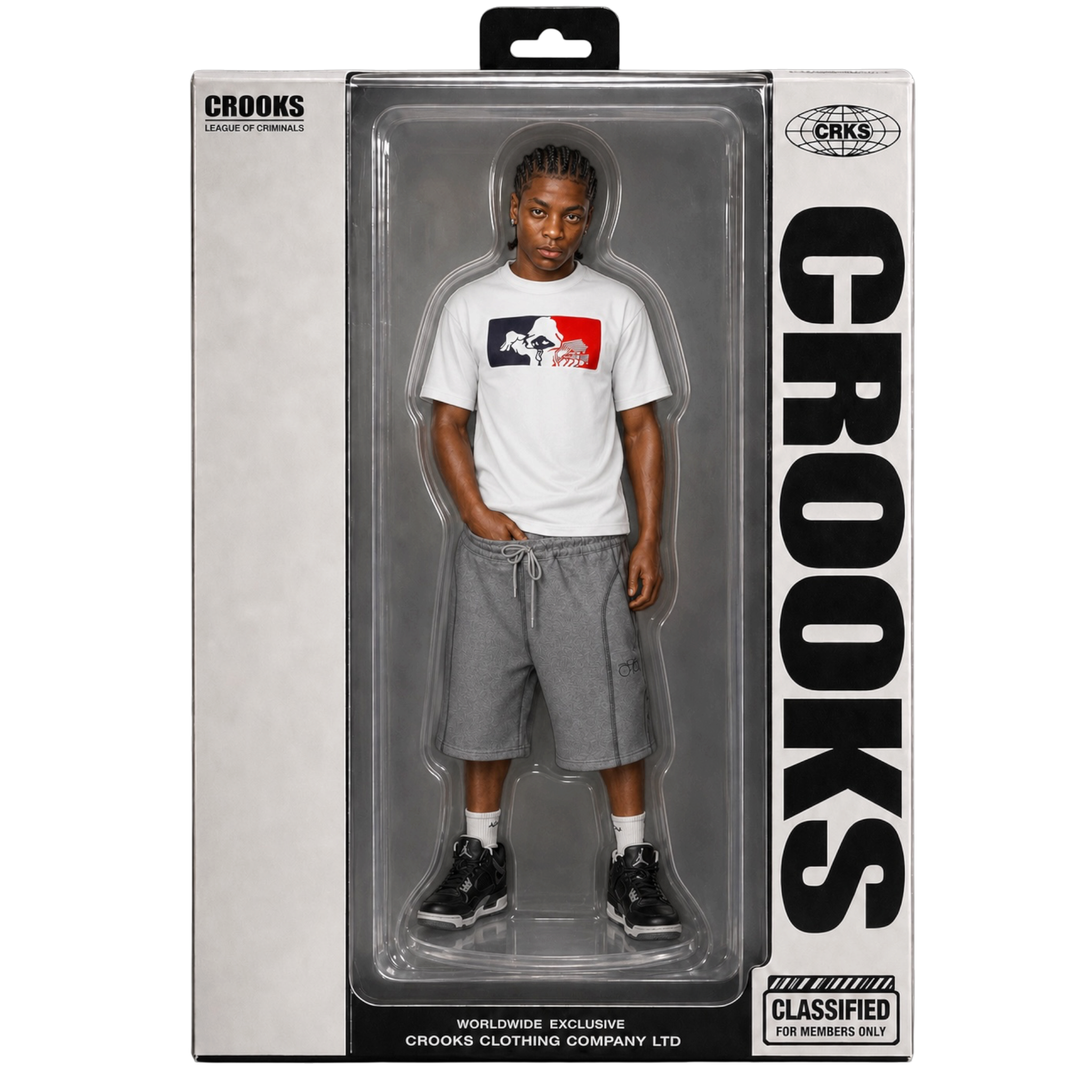 CROOKSLDN charcoal Cellblock shorts with 3D embroidery worn by a model in a toy-style display box packaging