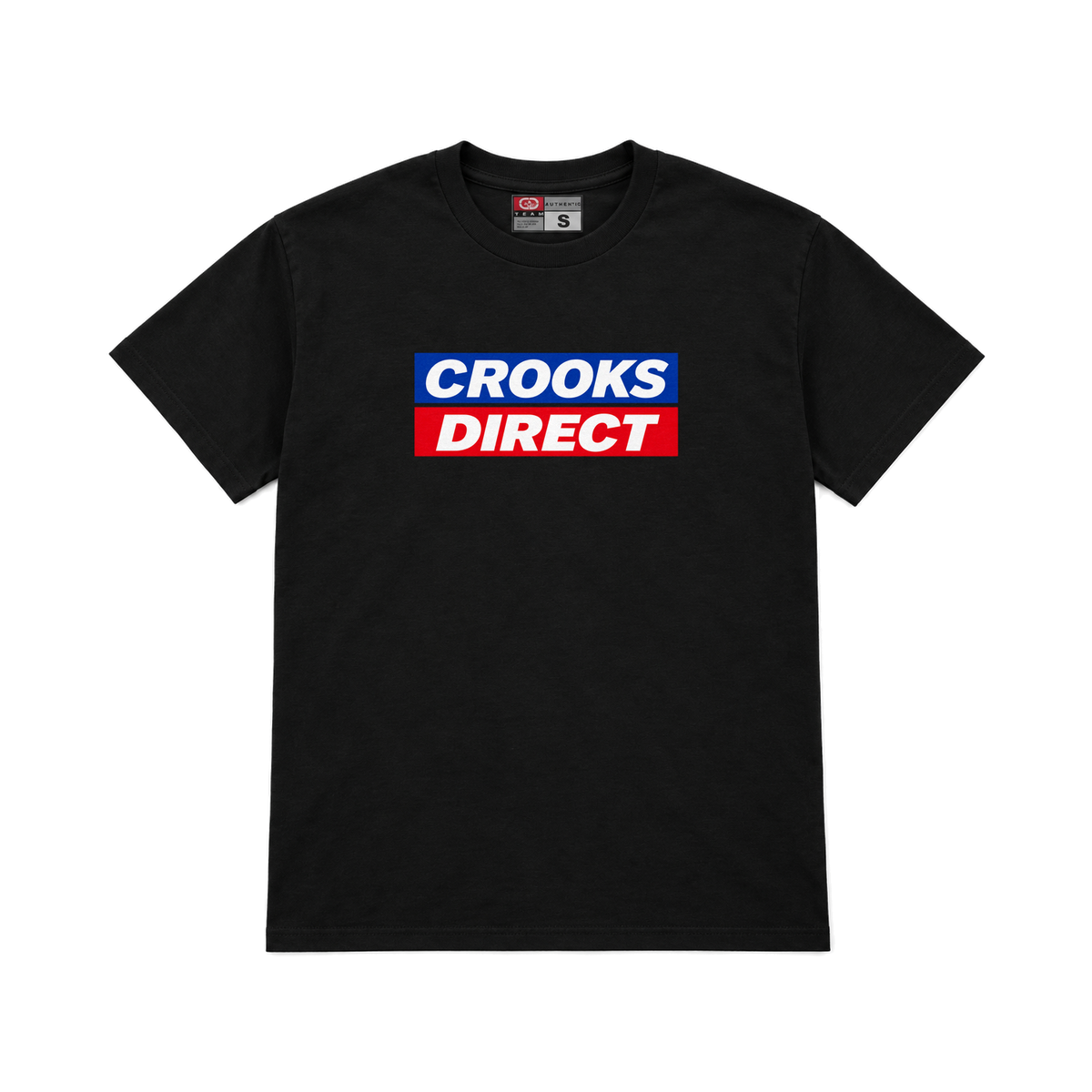 CROOKSLDN black T-shirt with the CROOKS DIRECT graphic on the chest