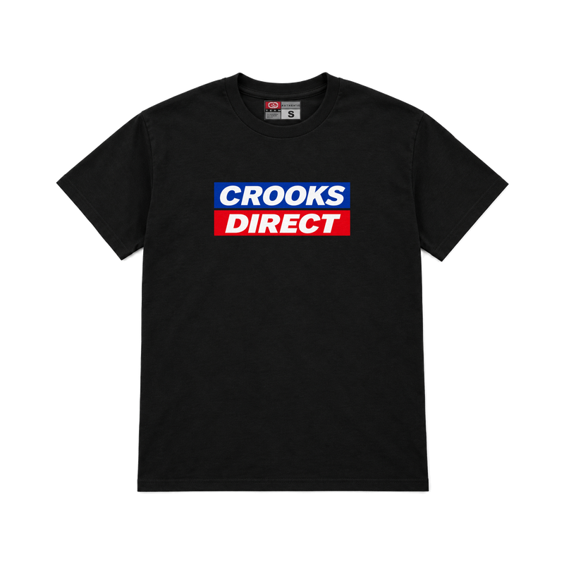 CROOKSLDN black T-shirt with the CROOKS DIRECT graphic on the chest