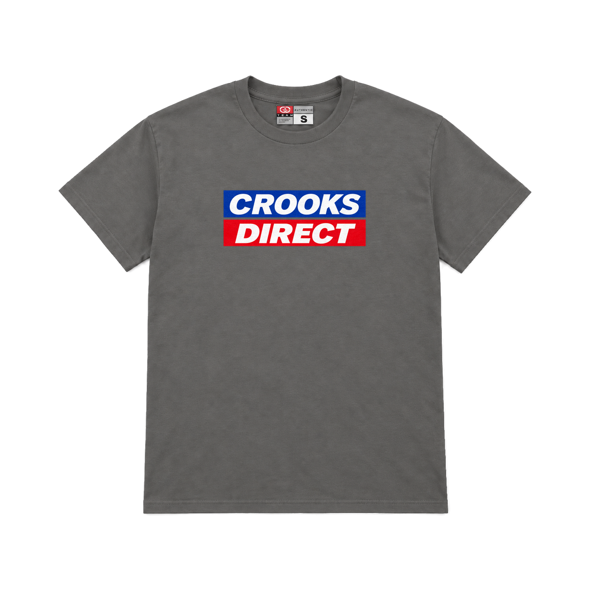 CROOKSLDN charcoal T-shirt with the CROOKS DIRECT graphic on the chest