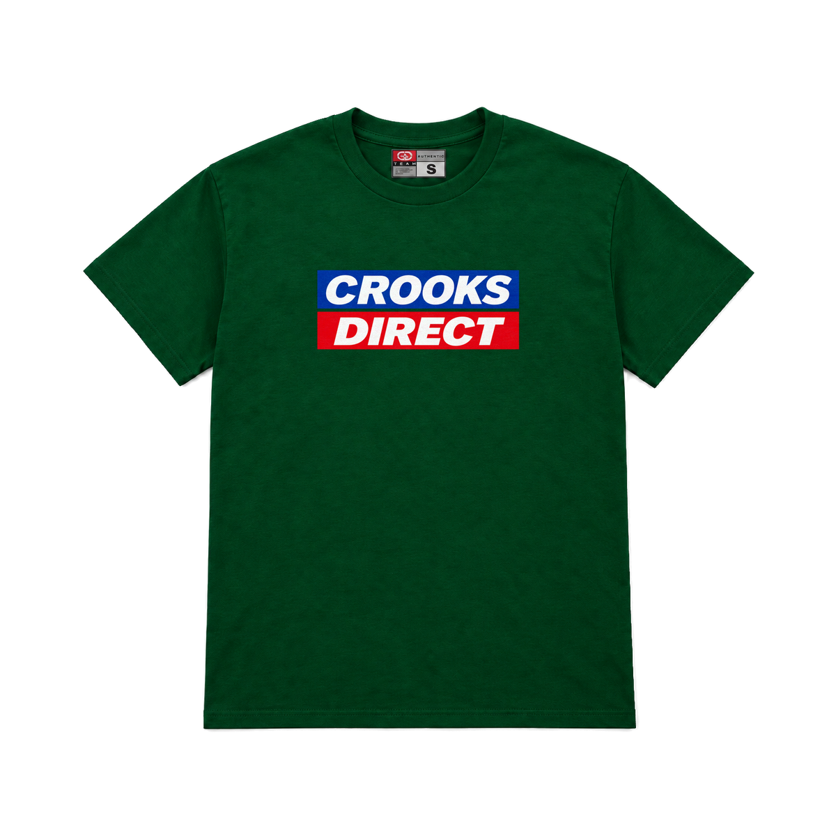 CROOKSLDN green T-shirt with the CROOKS DIRECT graphic on the chest