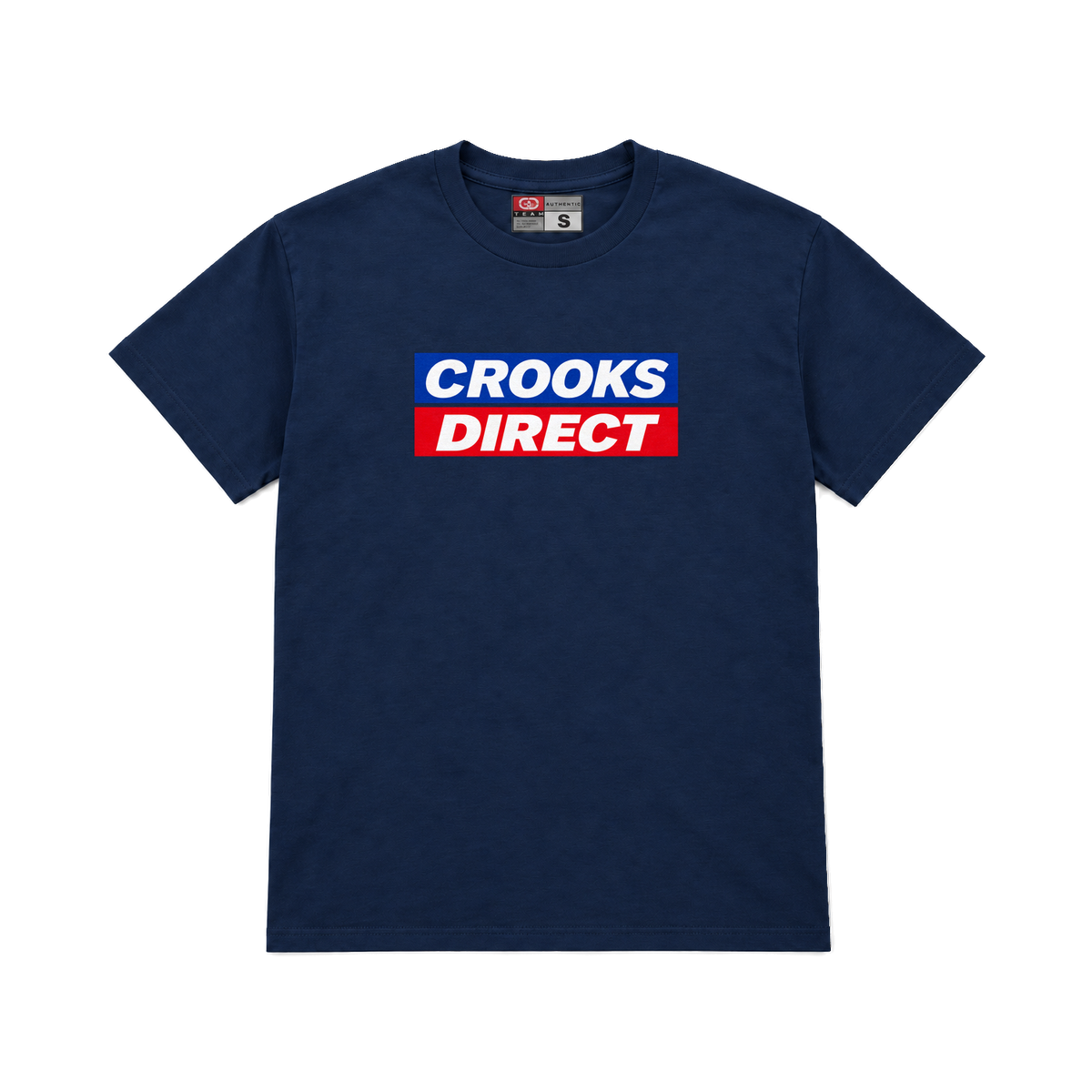 CROOKSLDN navy T-shirt with the CROOKS DIRECT graphic on the chest