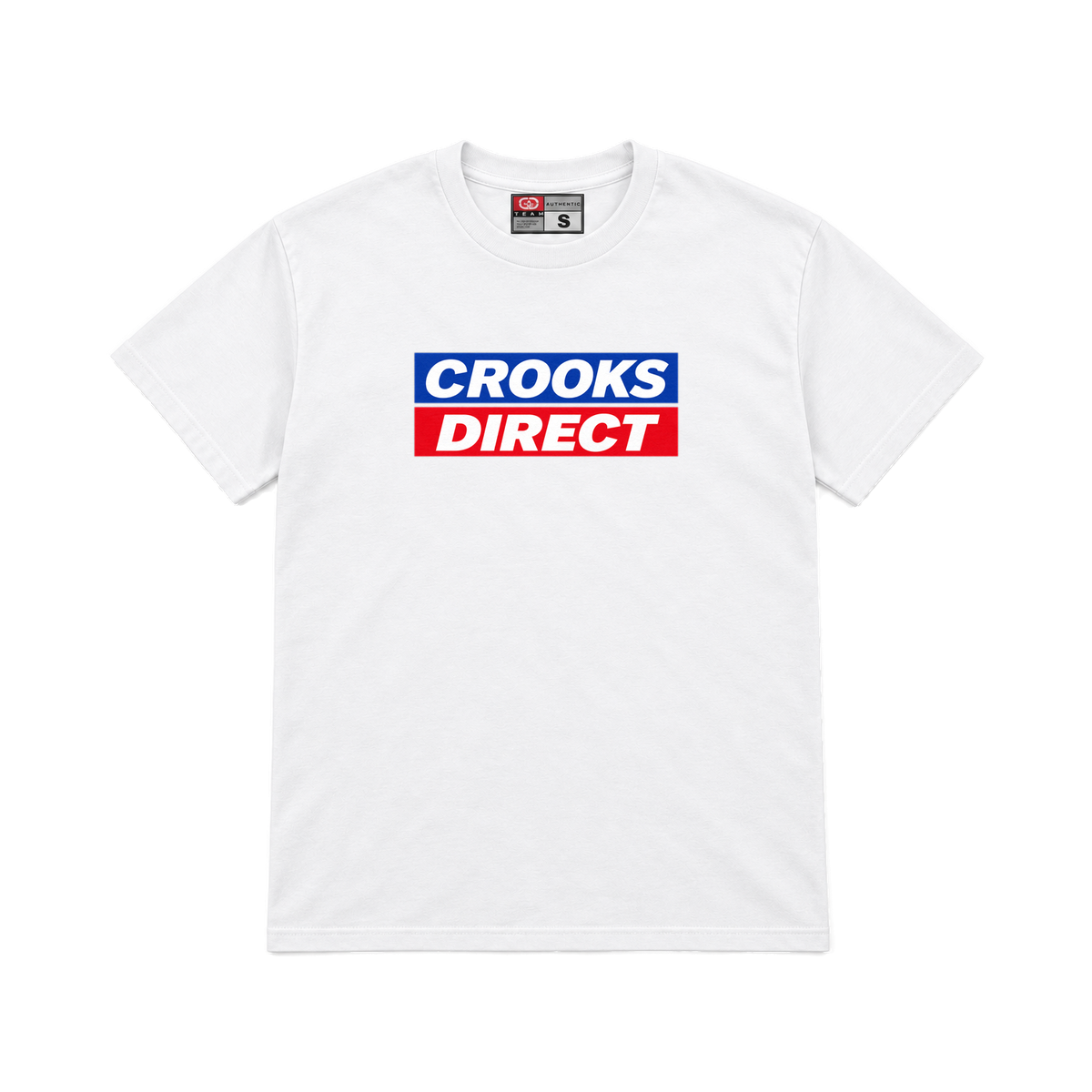 CROOKSLDN white T-shirt with the CROOKS DIRECT graphic on the chest