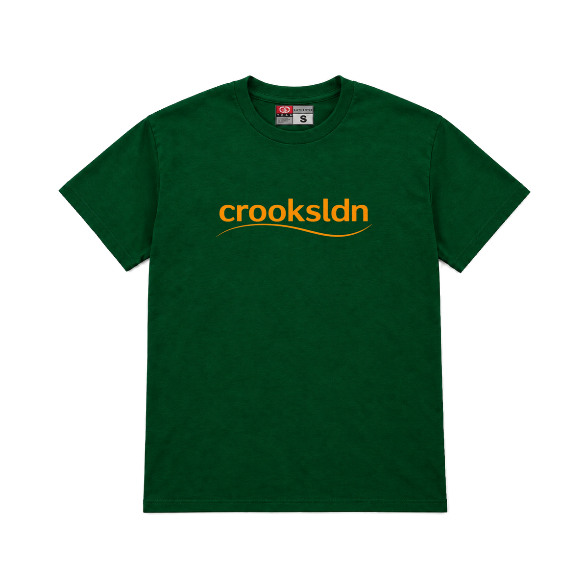 CROOKSLDN green T-shirt with the CROOKSBURY’S graphic on the chest