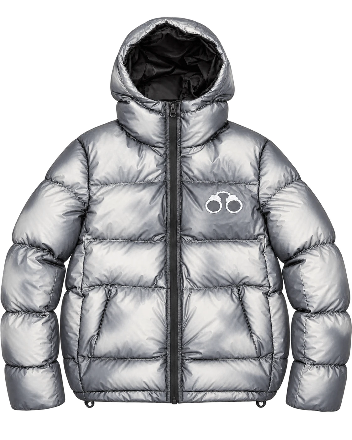 CROOKSLDN Double-Agent Puffa with heat applied: the black shell shows metallic silver