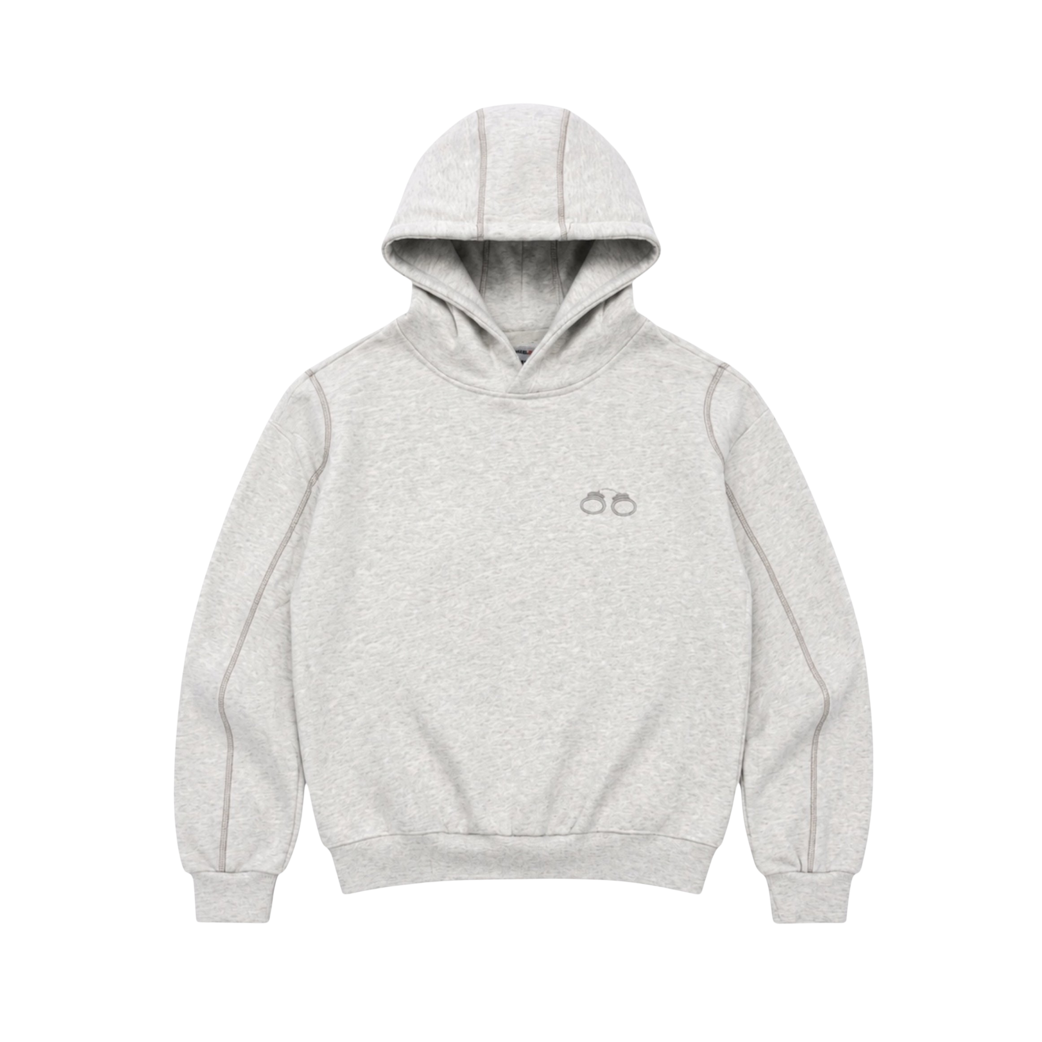 CROOKSLDN grey Convict hoodie in heavy 550gsm brushed fleece with a baggy fit and small embroidered handcuff logo.