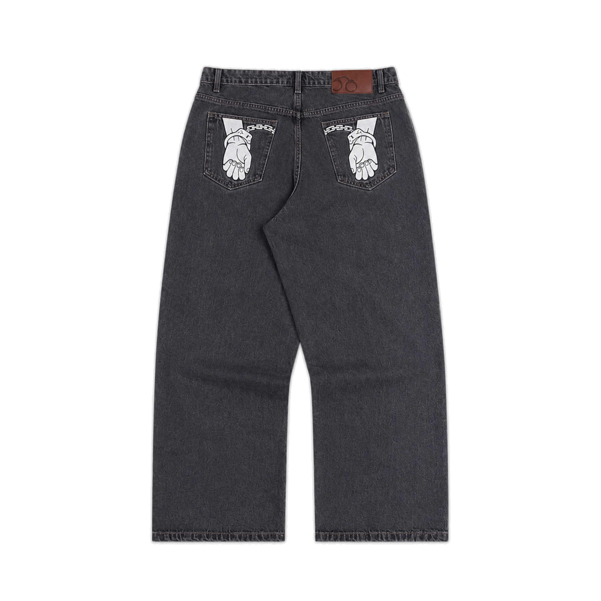 CROOKSLDN grey wash heavyweight denim jeans with baggy fit and handcuff graphic on back pockets