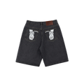CROOKSLDN grey wash baggy denim jorts featuring white handcuff graphic print on the back pockets
