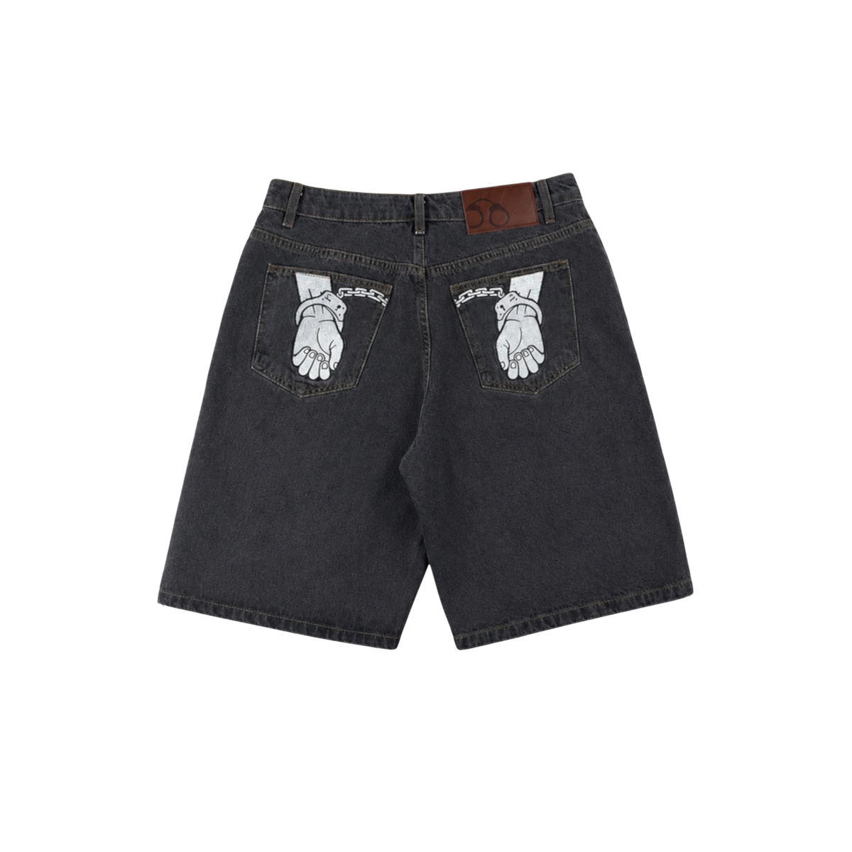 CROOKSLDN grey wash baggy denim jorts with signature white handcuff embroidery on the back pockets.