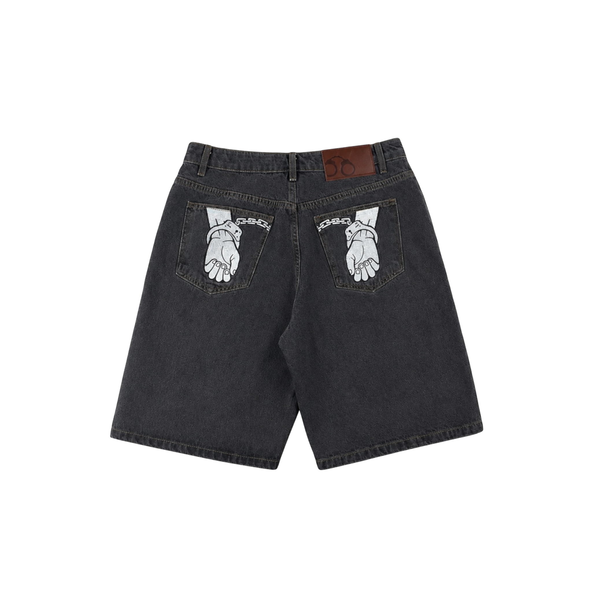 CROOKSLDN grey wash baggy denim jorts featuring white handcuff graphic print on the back pockets