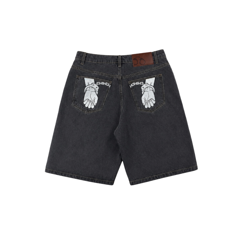CROOKSLDN grey wash baggy denim jorts with signature white handcuff embroidery on the back pockets.