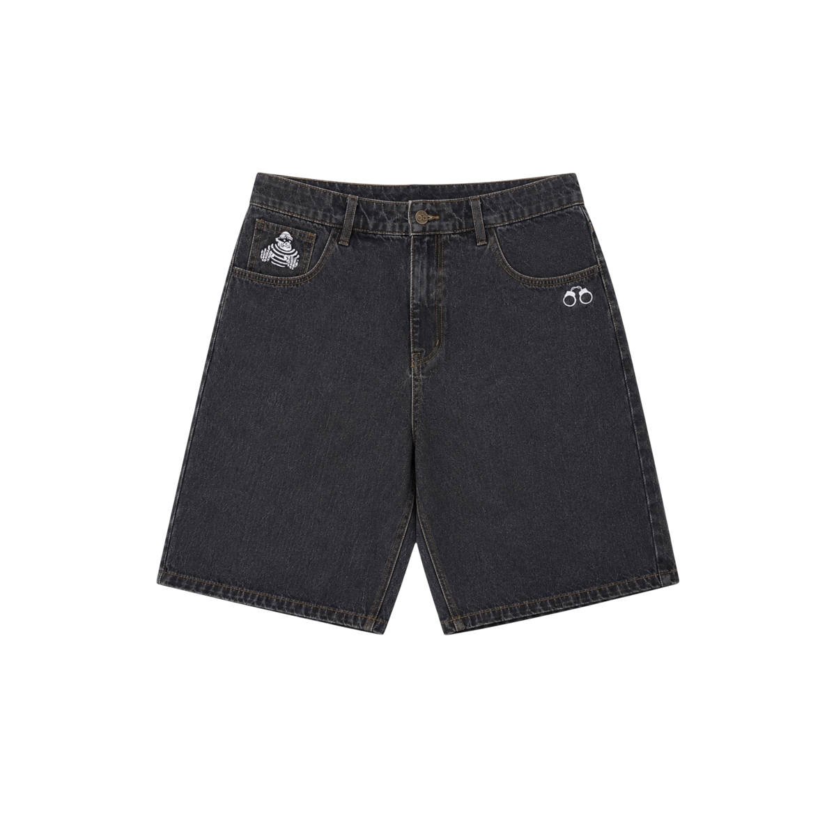 CROOKSLDN grey wash baggy denim jorts with signature convict embroidery and handcuff detail on front pockets