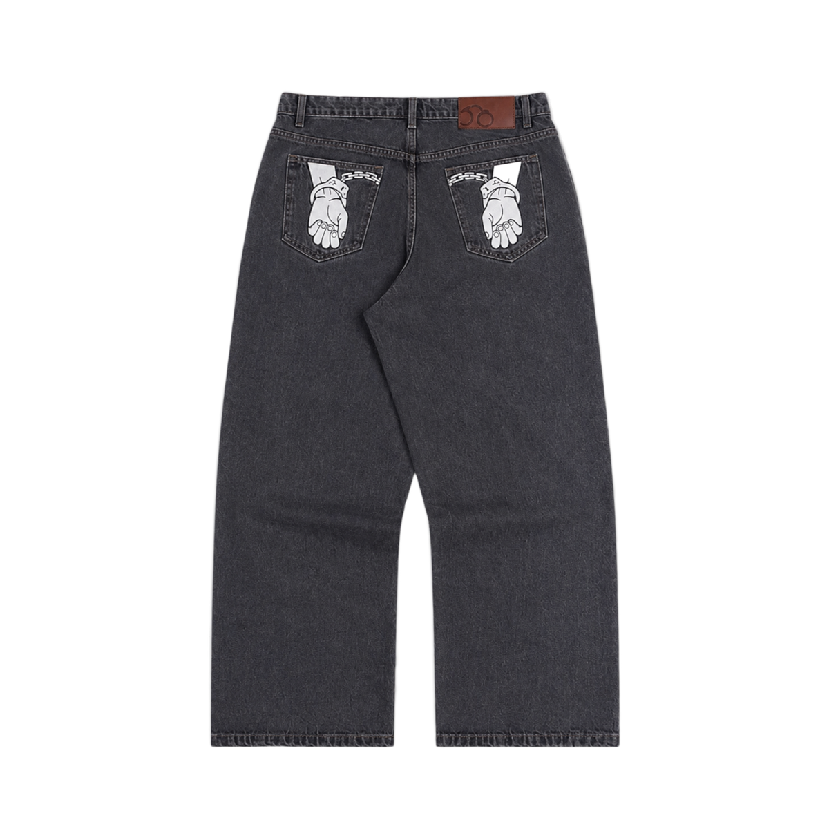 CROOKSLDN Yard jeans in grey wash 14oz denim with straight cut, mid rise, and handcuff graphic on back pockets.