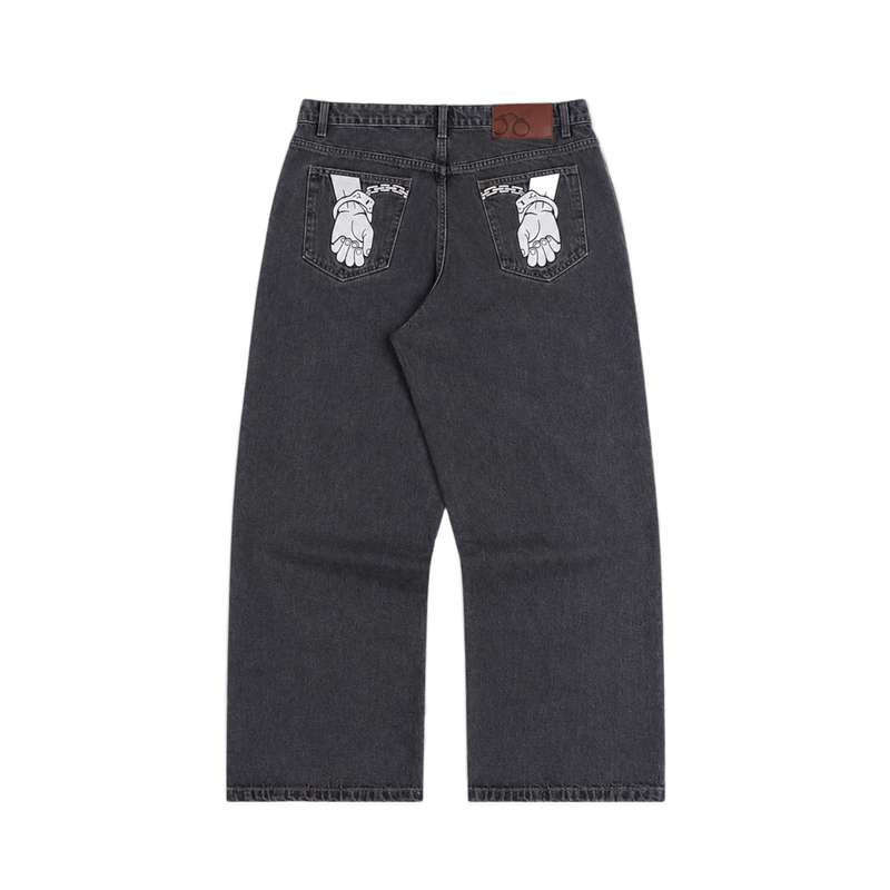 CROOKSLDN Yard jeans in grey wash 14oz denim with straight cut, mid rise, and handcuff graphic on back pockets.